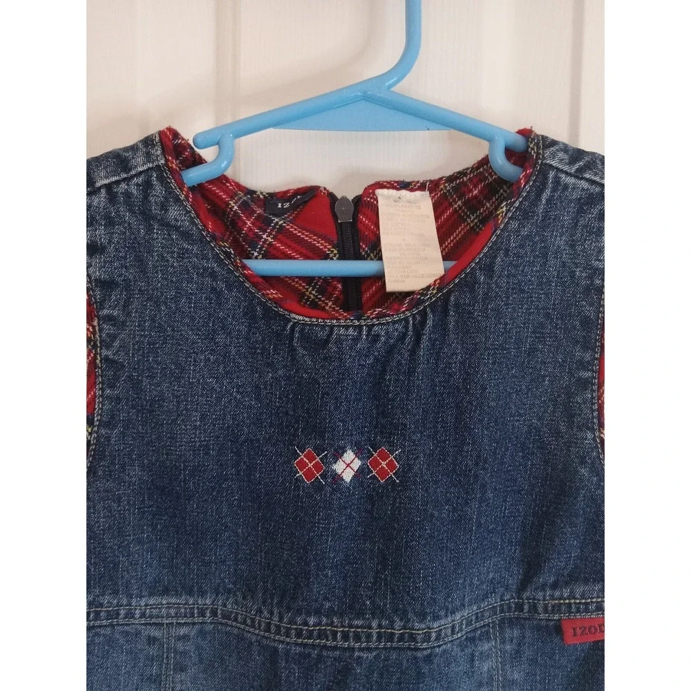Izod Toddler Girls Jean Jumper Dress Size 4T Sleeveless Denim Jumper Plaid‎ Blue